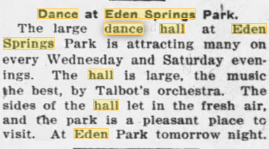 Eden Springs Dance Hall - JUNE 1911 ARTICLE